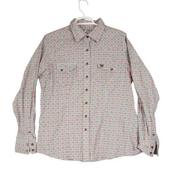 Cinch Tops - Cinch Womens XL Western Shirt Orange Blue Geometric‎ Print Long Sleeve
